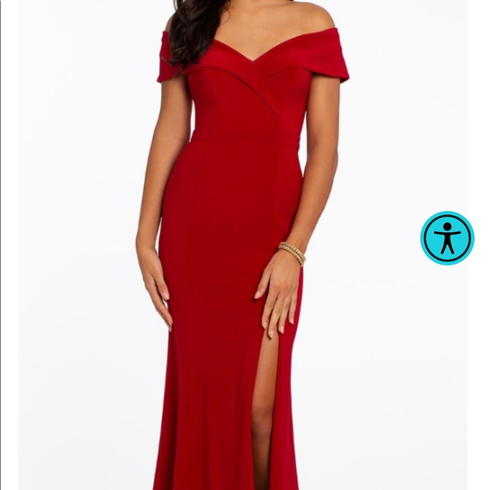Red maxi off shoulder prom dress